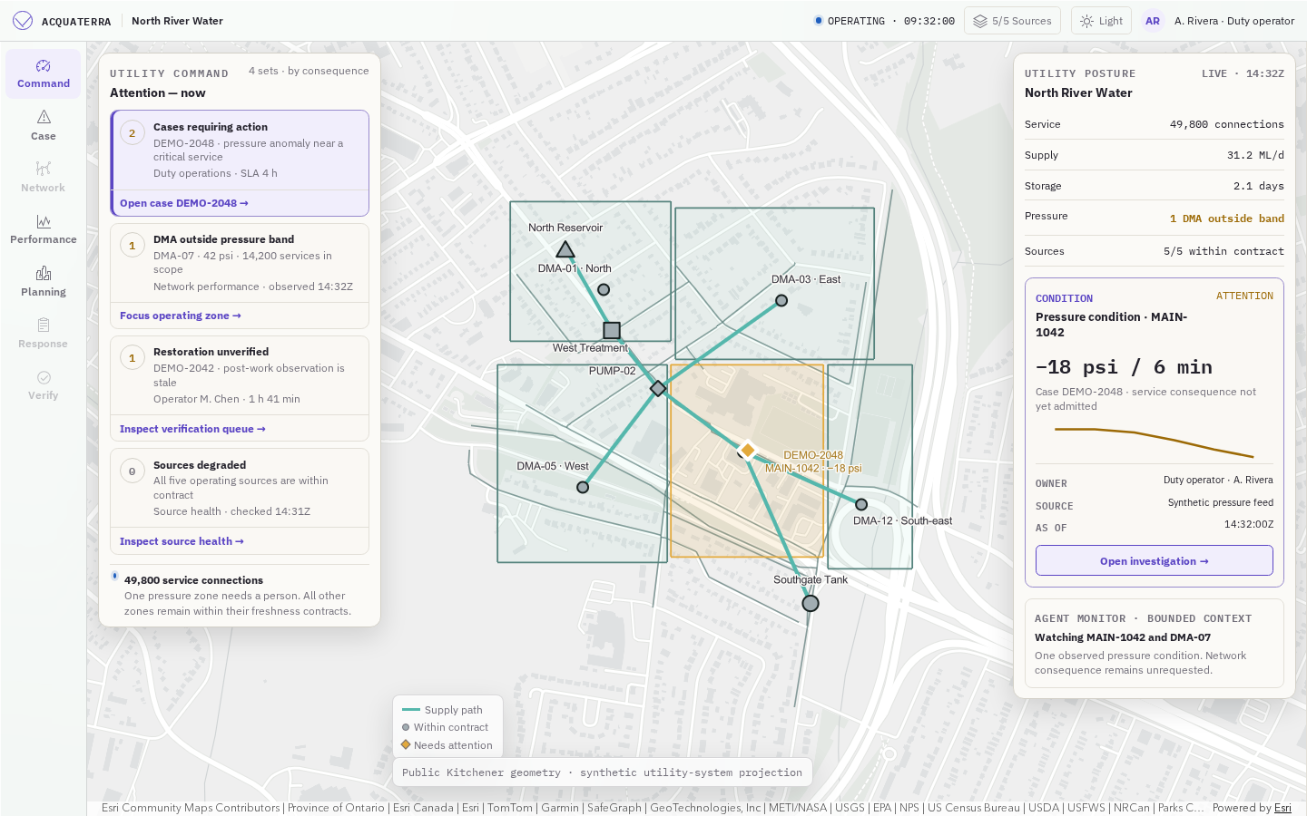 Actual AcquaTerra Command map detail: reservoir, treatment, pumping, pressure zones, and the main requiring attention